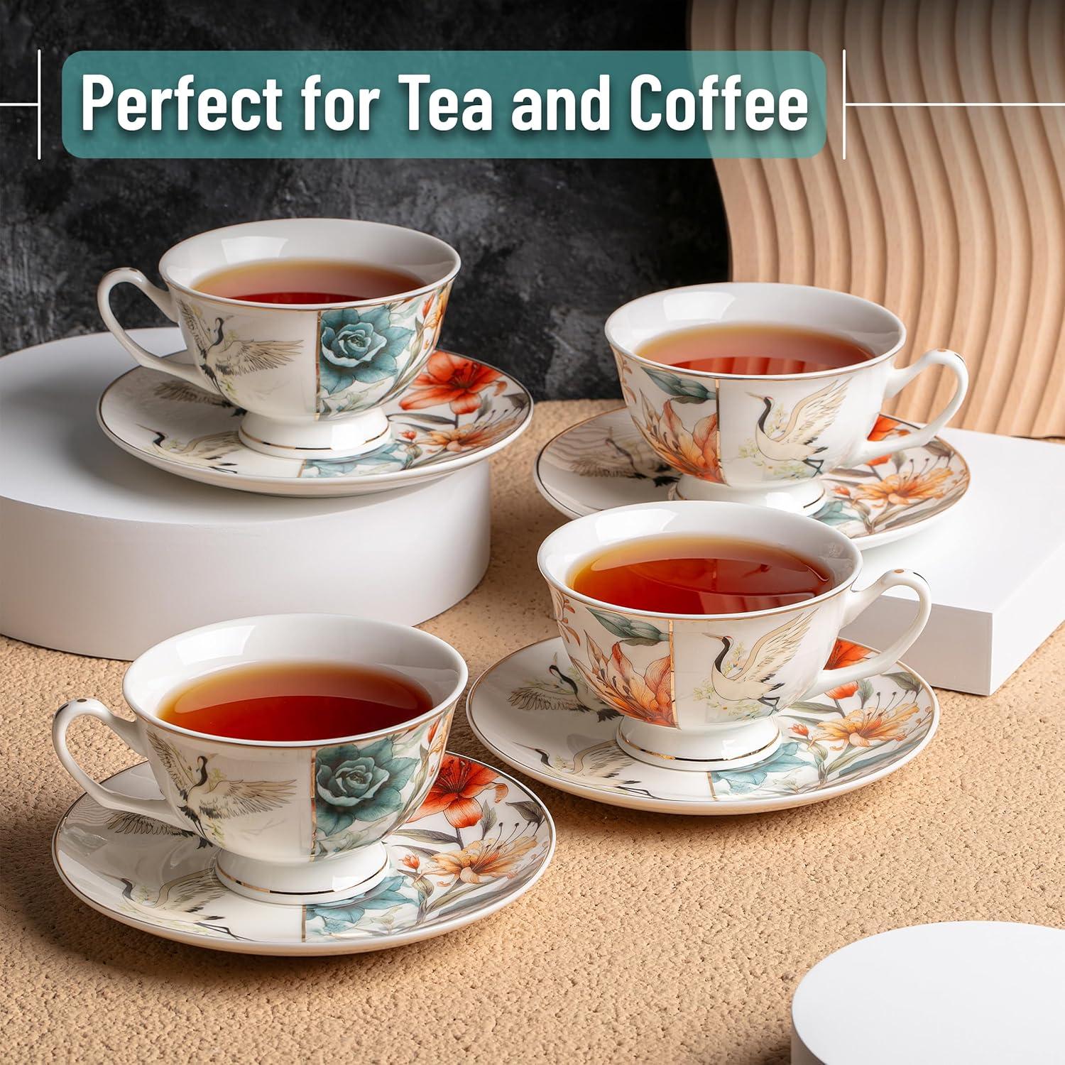 imageBTaT Floral Tea Cups and Saucers Set of 4 7 oz Porcelain Tea Cup Sets Assorted Colors with Gold Trim ampamp Gift Box Dishwasher ampamp Freezer SafeMajestic Crane