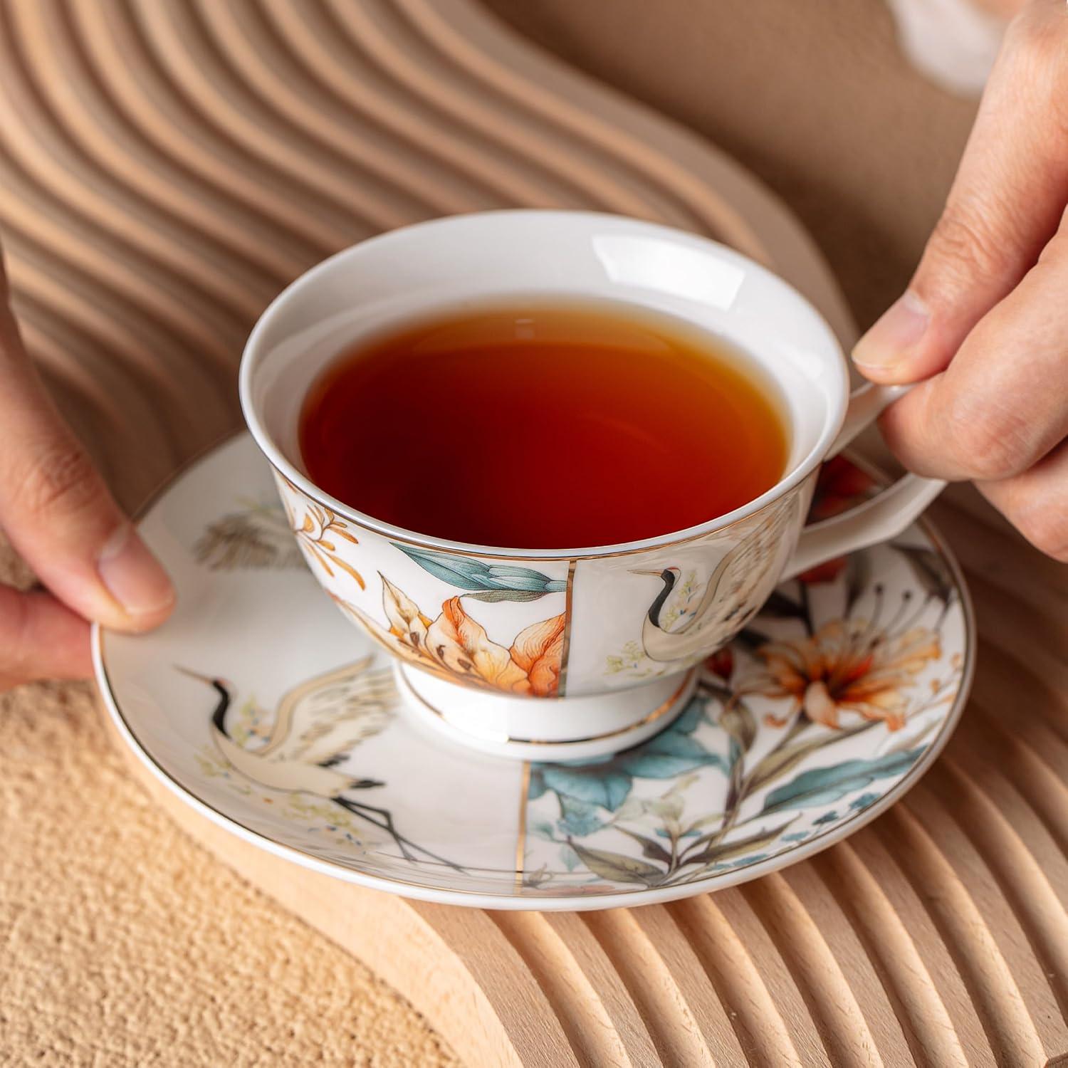 imageBTaT Floral Tea Cups and Saucers Set of 4 7 oz Porcelain Tea Cup Sets Assorted Colors with Gold Trim ampamp Gift Box Dishwasher ampamp Freezer SafeMajestic Crane