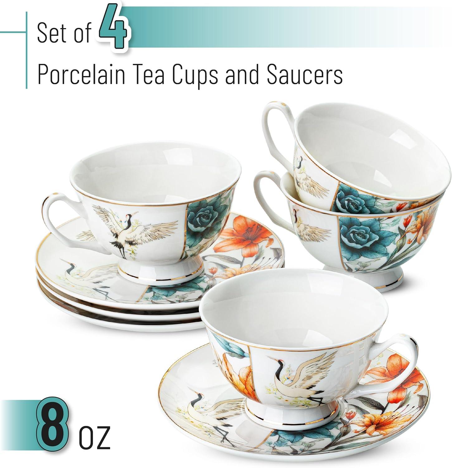 imageBTaT Floral Tea Cups and Saucers Set of 4 7 oz Porcelain Tea Cup Sets Assorted Colors with Gold Trim ampamp Gift Box Dishwasher ampamp Freezer SafeMajestic Crane