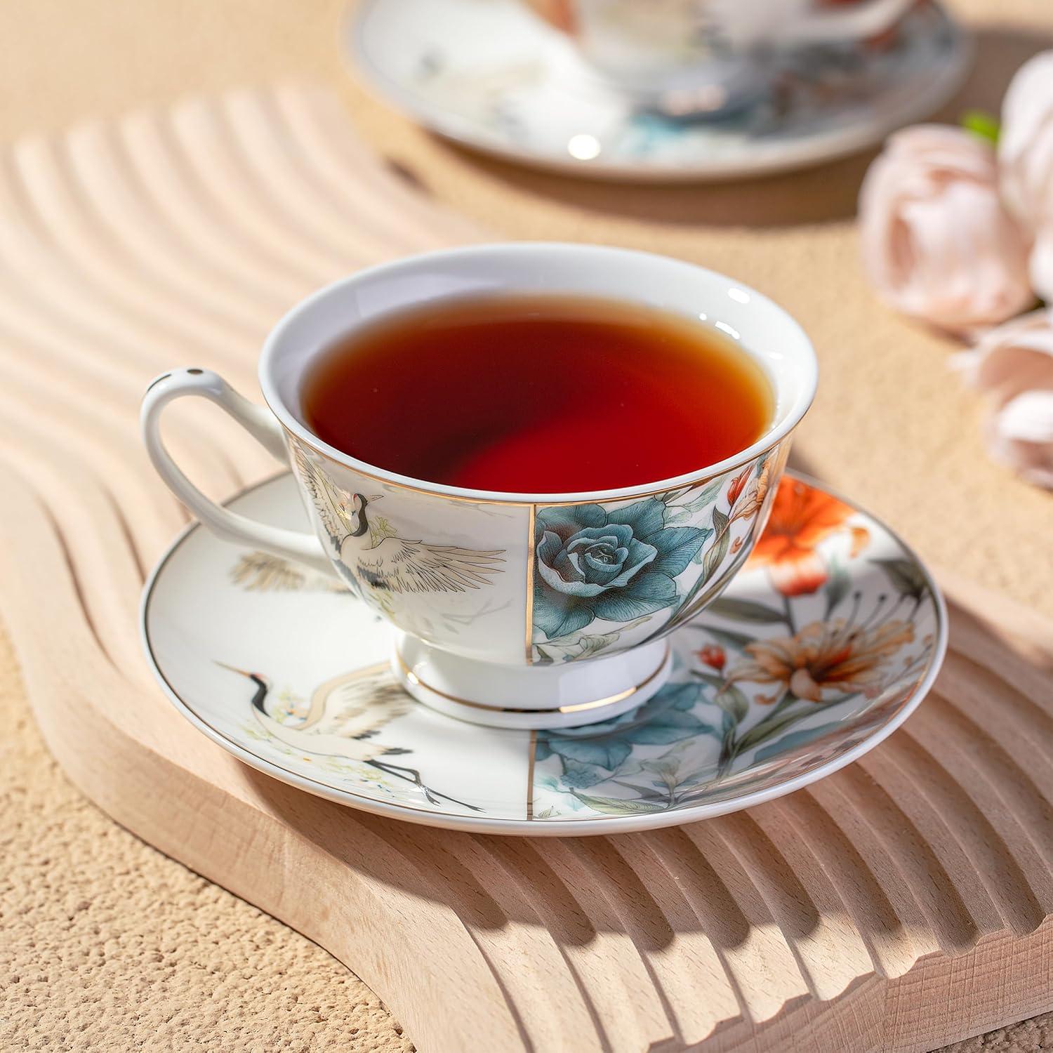 imageBTaT Floral Tea Cups and Saucers Set of 4 7 oz Porcelain Tea Cup Sets Assorted Colors with Gold Trim ampamp Gift Box Dishwasher ampamp Freezer SafeMajestic Crane