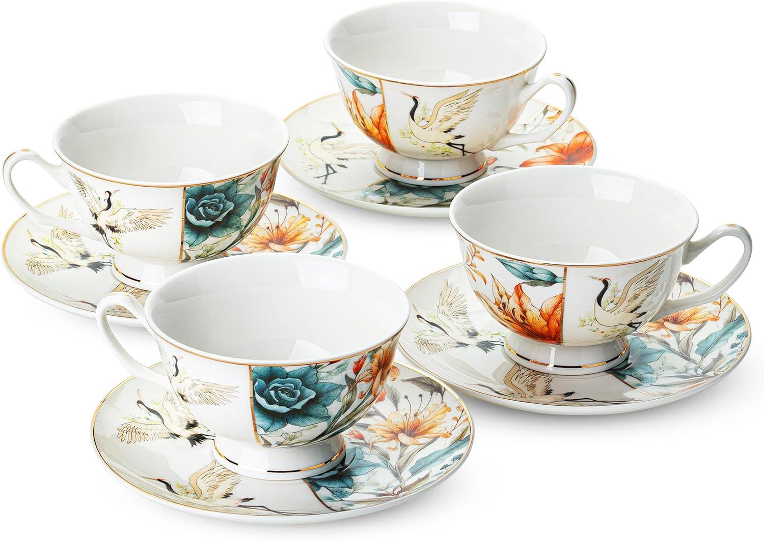 imageBTaT Floral Tea Cups and Saucers Set of 4 7 oz Porcelain Tea Cup Sets Assorted Colors with Gold Trim ampamp Gift Box Dishwasher ampamp Freezer SafeMajestic Crane