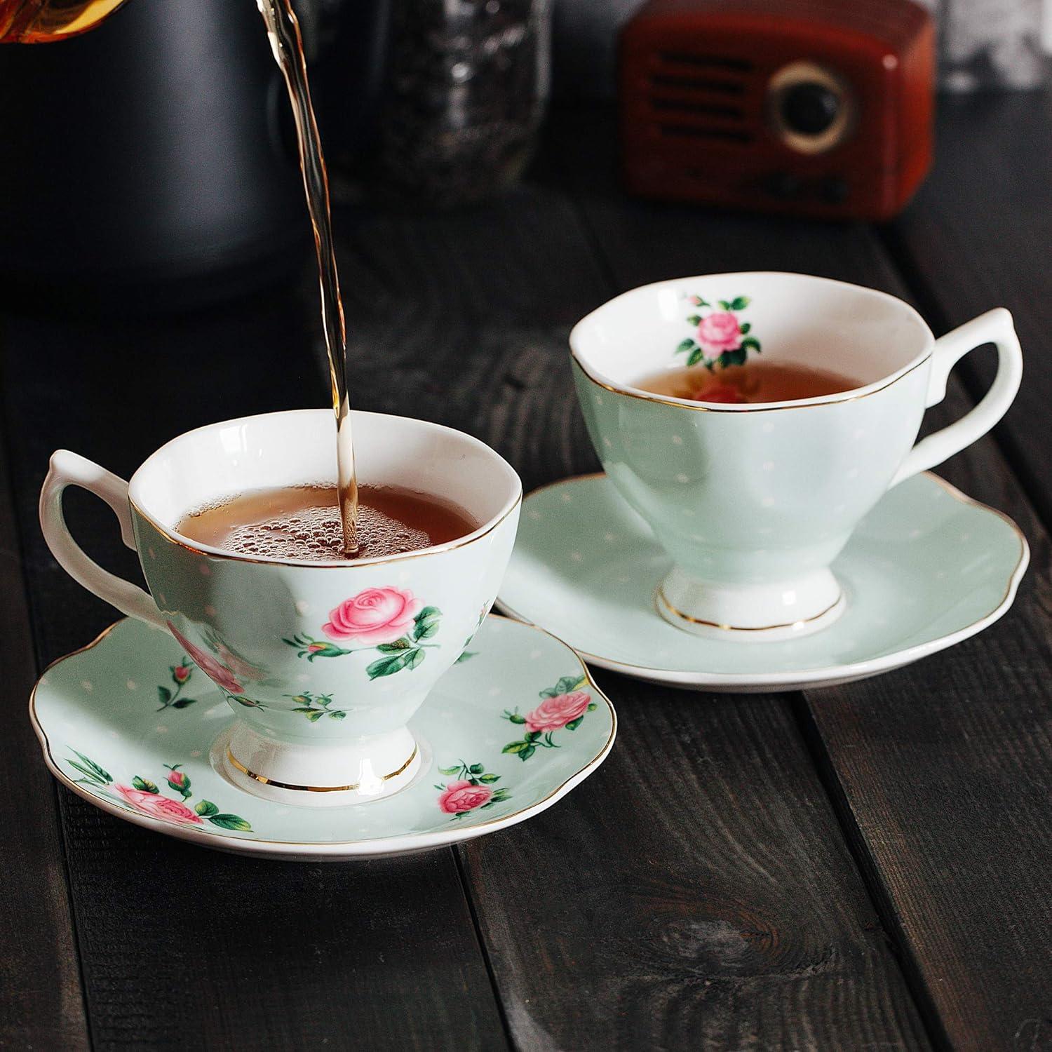 imageBTaT Floral Tea Cups and Saucers Set of 8 8 oz Porcelain Tea Cup Sets Assorted Colors with Gold Trim ampamp Gift Box Dishwasher Safe