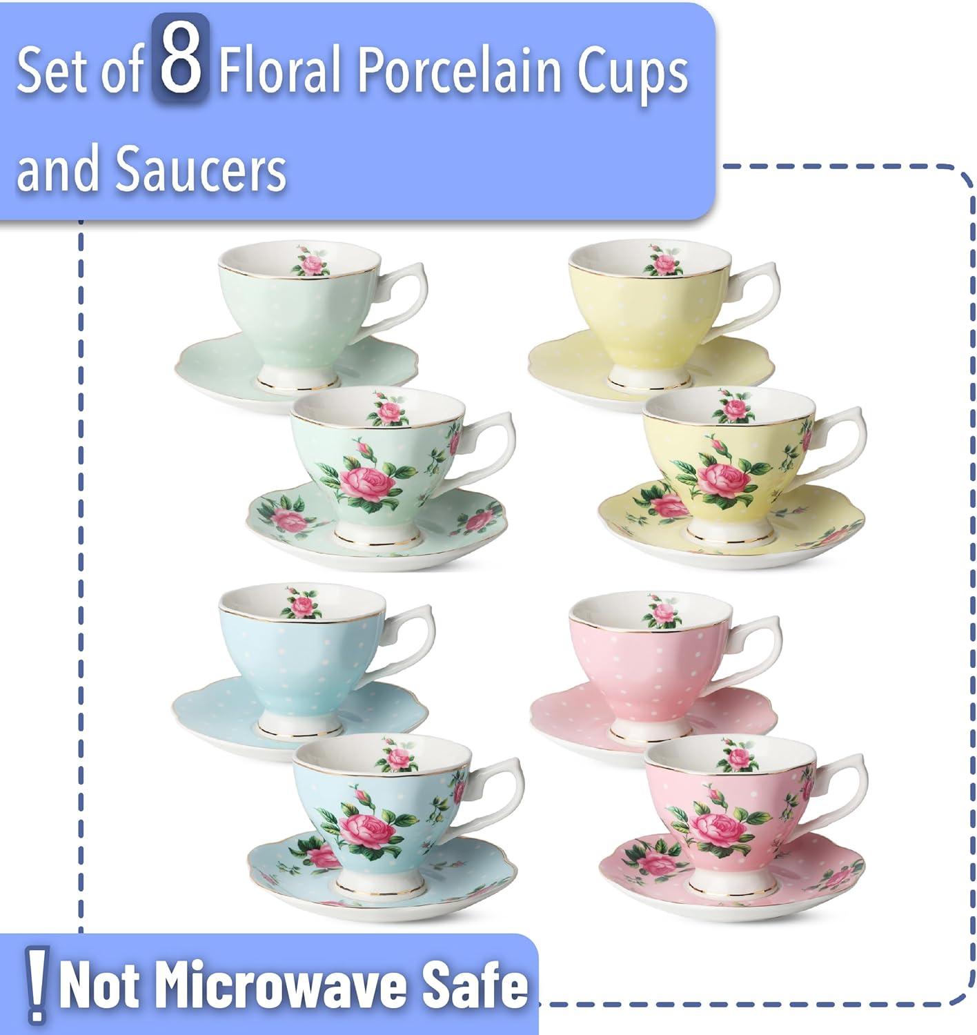 imageBTaT Floral Tea Cups and Saucers Set of 8 8 oz Porcelain Tea Cup Sets Assorted Colors with Gold Trim ampamp Gift Box Dishwasher Safe