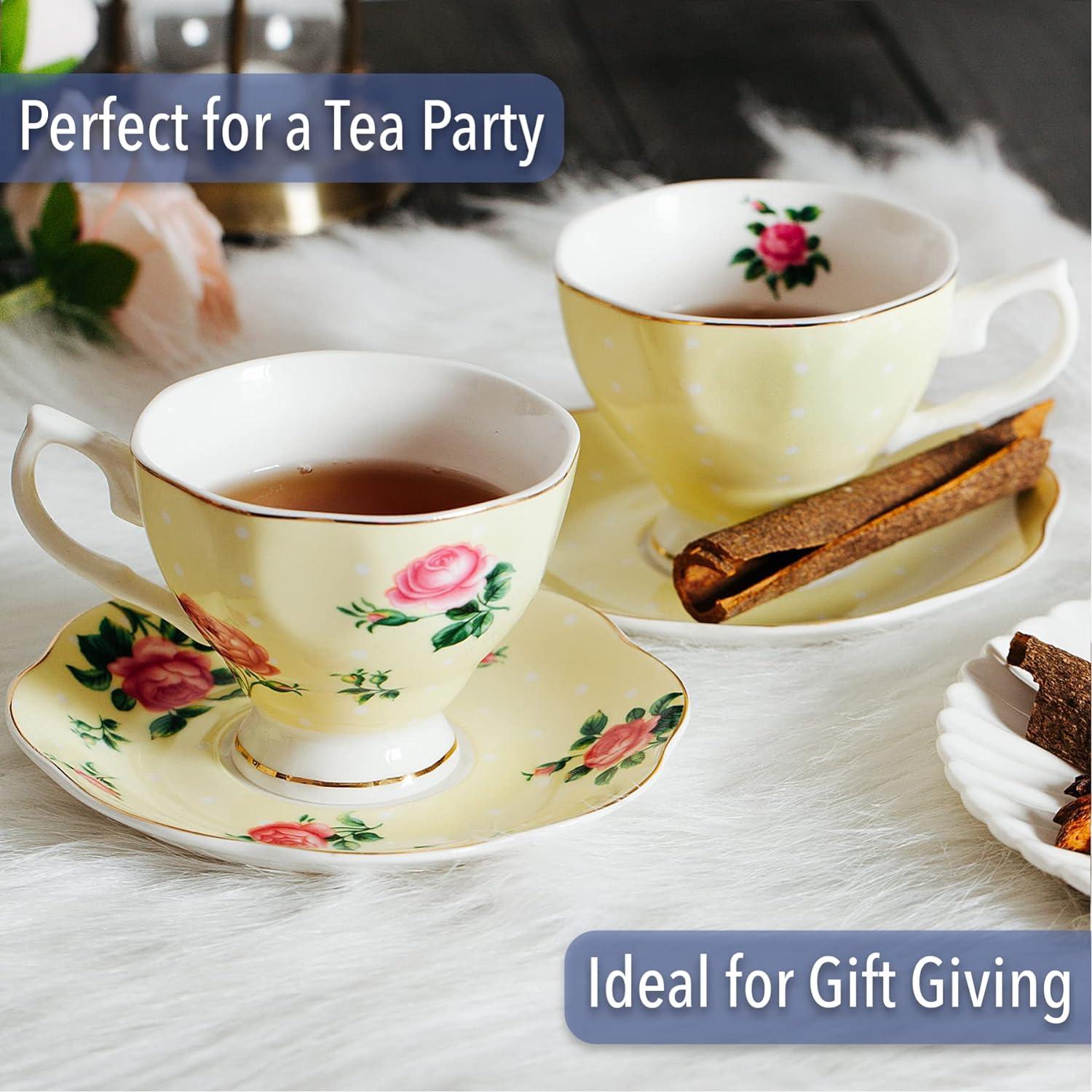 imageBTaT Floral Tea Cups and Saucers Set of 8 8 oz Porcelain Tea Cup Sets Assorted Colors with Gold Trim ampamp Gift Box Dishwasher Safe