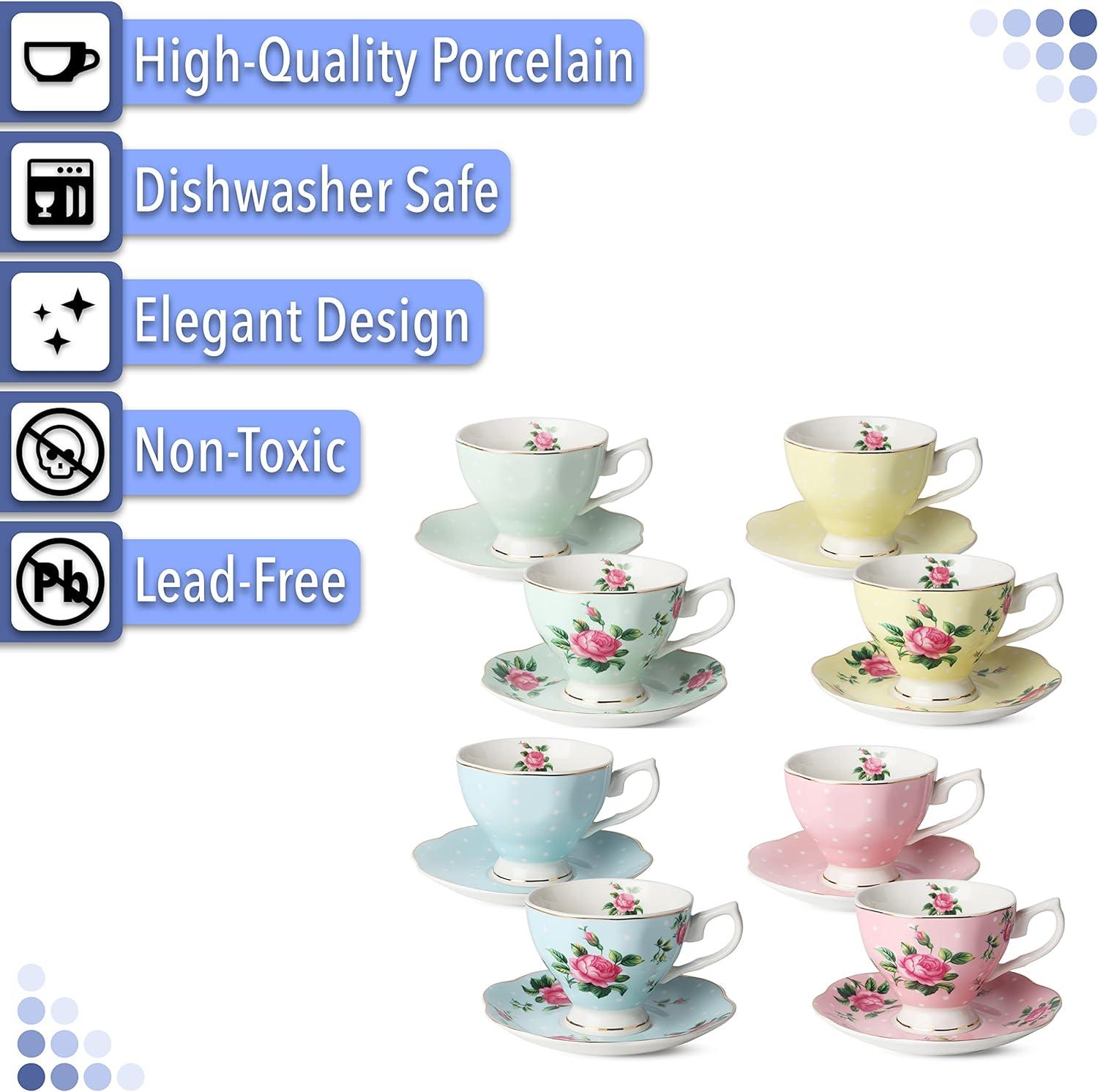 imageBTaT Floral Tea Cups and Saucers Set of 8 8 oz Porcelain Tea Cup Sets Assorted Colors with Gold Trim ampamp Gift Box Dishwasher Safe