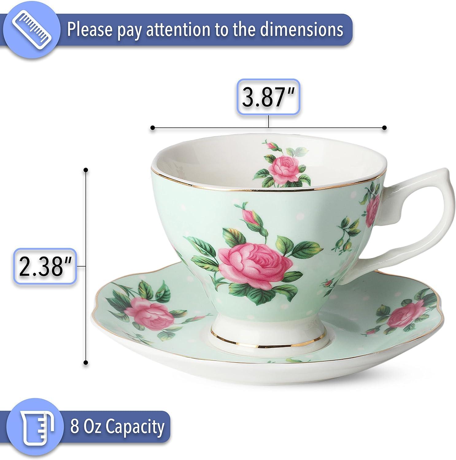 imageBTaT Floral Tea Cups and Saucers Set of 8 8 oz Porcelain Tea Cup Sets Assorted Colors with Gold Trim ampamp Gift Box Dishwasher Safe