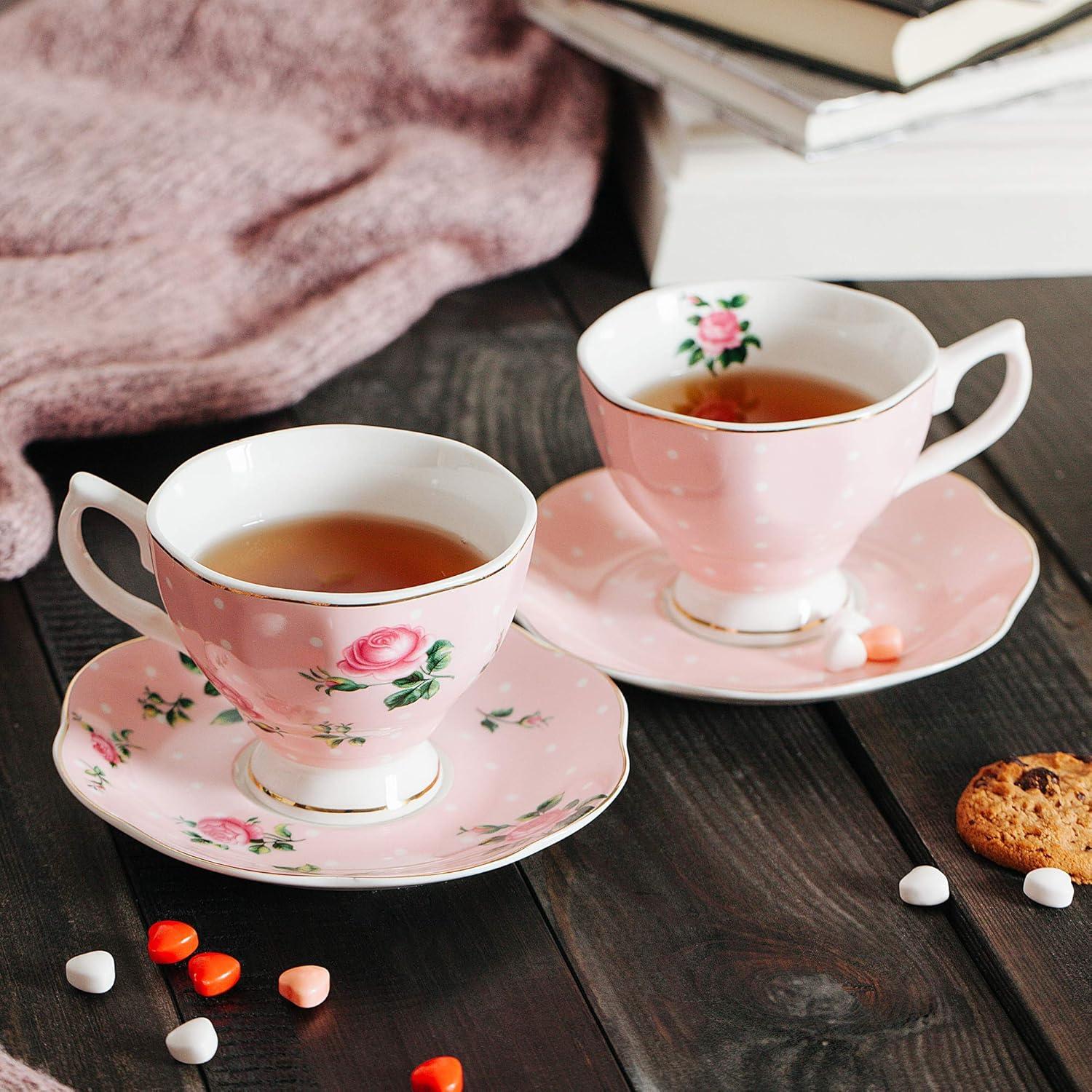 imageBTaT Floral Tea Cups and Saucers Set of 8 8 oz Porcelain Tea Cup Sets Assorted Colors with Gold Trim ampamp Gift Box Dishwasher Safe