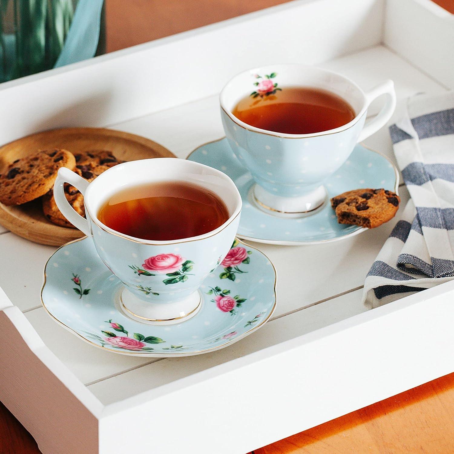 imageBTaT Floral Tea Cups and Saucers Set of 8 8 oz Porcelain Tea Cup Sets Assorted Colors with Gold Trim ampamp Gift Box Dishwasher Safe