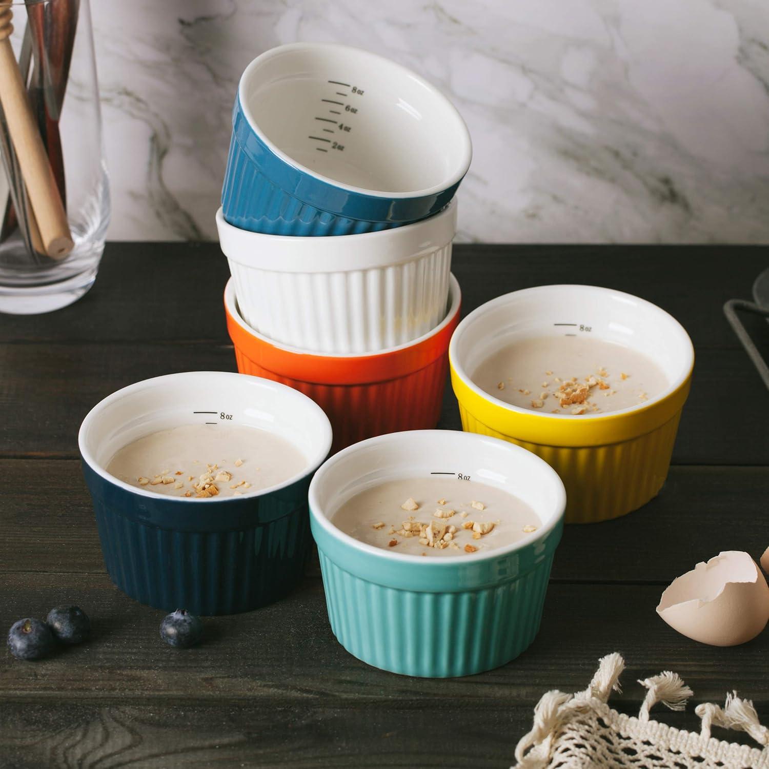 imageBTaT Ramekins Set of 6 Ramekins 8 oz Assorted Color Ramekins for Baking Ramekin with Measurement Markings Creme Brulee Dishes Souffle Cups Custard Cups Ceramic Bakeware