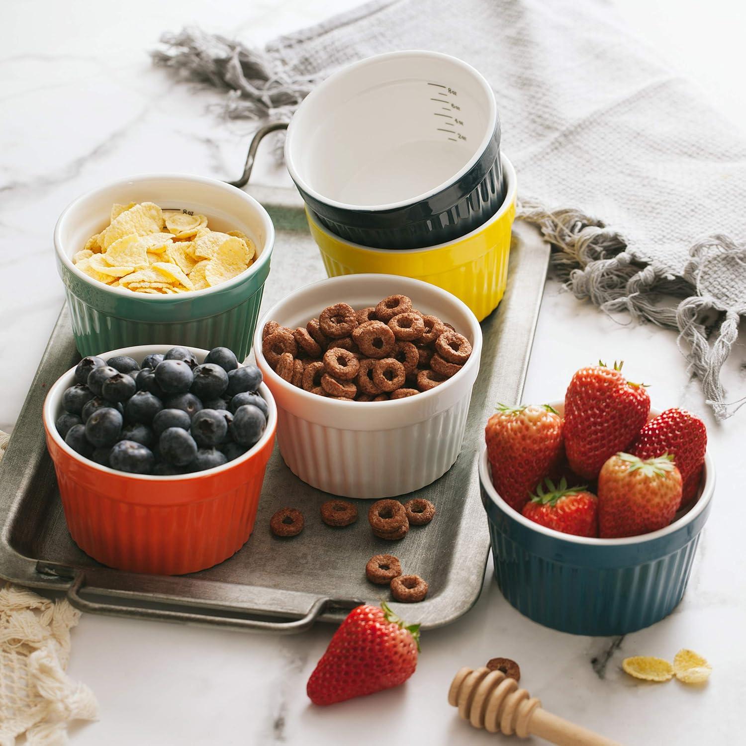 imageBTaT Ramekins Set of 6 Ramekins 8 oz Assorted Color Ramekins for Baking Ramekin with Measurement Markings Creme Brulee Dishes Souffle Cups Custard Cups Ceramic Bakeware
