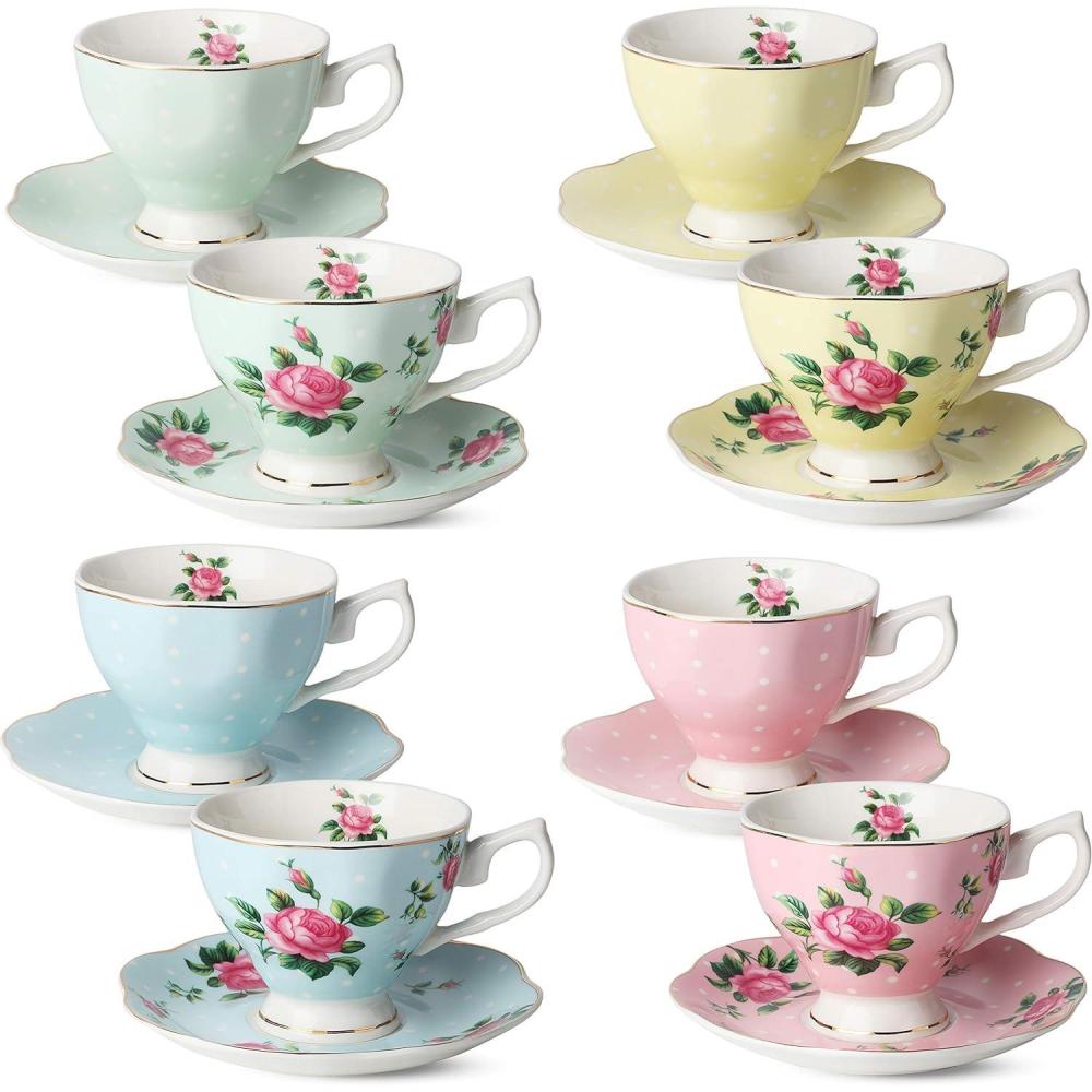 imageBTaT Floral Tea Cups and Saucers Set of 8 8 oz Porcelain Tea Cup Sets Assorted Colors with Gold Trim ampamp Gift Box Dishwasher Safe