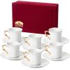 imageBrew To A Tea White Espresso Cups with Saucers Set of 6 24 oz Porcelain Turkish Coffee Cup Set with Gold Trim Design ampamp Gift Box Dishwasher SafeWhite
