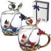 imageBTaT Floral Glass Tea Cups with Lids ampamp Spoon Set Pack of 2 11 oz Blue ampamp Red Flower Design with Gift Box Fancy Tea Cups Dishwasher Safe