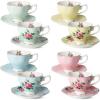 imageBTaT Floral Tea Cups and Saucers Set of 8 8 oz Porcelain Tea Cup Sets Assorted Colors with Gold Trim ampamp Gift Box Dishwasher Safe