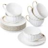 imageBTaT White Tea Cups and Saucers Set of 6 7 oz Porcelain White Tea Cup Set with Golden Trim Design Dishwasher SafeWhite