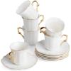 imageBrew To A Tea White Espresso Cups with Saucers Set of 6 24 oz Porcelain Turkish Coffee Cup Set with Gold Trim Design ampamp Gift Box Dishwasher SafeWhite