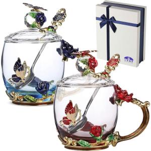 imageBTaT Floral Glass Tea Cups with Lids ampamp Spoon Set Pack of 2 11 oz Blue ampamp Red Flower Design with Gift Box Fancy Tea Cups Dishwasher Safe