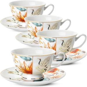imageBTaT Floral Tea Cups and Saucers Set of 4 7 oz Porcelain Tea Cup Sets Assorted Colors with Gold Trim ampamp Gift Box Dishwasher ampamp Freezer SafeMajestic Crane