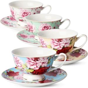 imageBTaT Floral Tea Cups and Saucers Set of 4 7 oz Porcelain Tea Cup Sets Assorted Colors with Gold Trim ampamp Gift Box Dishwasher ampamp Freezer SafeMulticolor