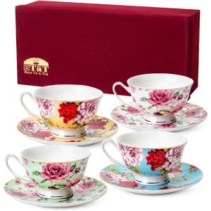 imageBTaT Floral Tea Cups and Saucers Set of 4 7 oz Porcelain Tea Cup Sets Assorted Colors with Gold Trim ampamp Gift Box Dishwasher ampamp Freezer SafeMulticolor with Gift Box