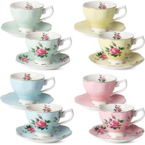 imageBTaT Floral Tea Cups and Saucers Set of 8 8 oz Porcelain Tea Cup Sets Assorted Colors with Gold Trim ampamp Gift Box Dishwasher Safe