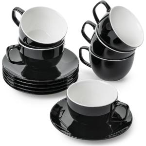 imageBTaT Porcelain Tea Cups and Saucers  6oz Black Set of 6 AdultsBlack