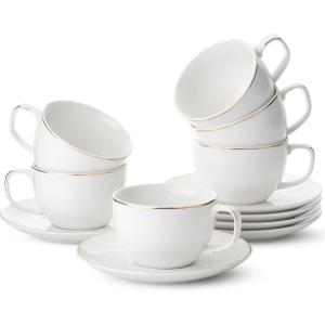 imageBTaT Porcelain Tea Cups and Saucers  6oz Black Set of 6 AdultsWhite with gold trim