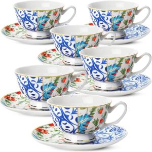 imageBTaT Tea Cups and Saucers Set of 6 Floral 8oz Porcelain Cups for Tea Part RoseIndigo Bloom