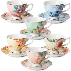 imageBTaT Tea Cups and Saucers Set of 6 Floral 8oz Porcelain Cups for Tea Part RosePastel Colors