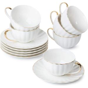 imageBTaT White Tea Cups and Saucers Set of 6 7 oz Porcelain White Tea Cup Set with Golden Trim Design Dishwasher SafeWhite