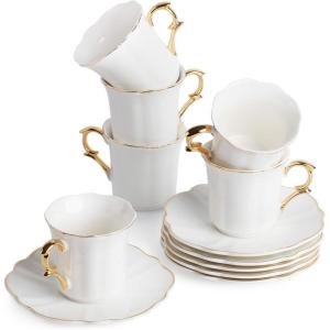 imageBrew To A Tea White Espresso Cups with Saucers Set of 6 24 oz Porcelain Turkish Coffee Cup Set with Gold Trim Design ampamp Gift Box Dishwasher SafeWhite