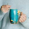 imageBTaT Fancy Coffee Mugs with Spoon 12 oz Set of 2 Floral Pink and Blue Ceramic Fancy Gifts for Women Tea Mugs for Women Flower Tea CupPink and Blue
