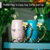 imageBTaT Fancy Coffee Mugs with Spoon 12 oz Set of 2 Floral Pink and Blue Ceramic Fancy Gifts for Women Tea Mugs for Women Flower Tea CupPink and Blue