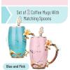 imageBTaT Fancy Coffee Mugs with Spoon 12 oz Set of 2 Floral Pink and Blue Ceramic Fancy Gifts for Women Tea Mugs for Women Flower Tea CupPink and Blue