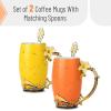 imageBTaT Fancy Coffee Mugs with Spoon 12 oz Set of 2 Floral Pink and Blue Ceramic Fancy Gifts for Women Tea Mugs for Women Flower Tea CupYellow and Orange