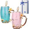 imageBTaT Fancy Coffee Mugs with Spoon 12 oz Set of 2 Floral Pink and Blue Ceramic Fancy Gifts for Women Tea Mugs for Women Flower Tea CupPink and Blue