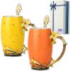 imageBTaT Fancy Coffee Mugs with Spoon 12 oz Set of 2 Floral Pink and Blue Ceramic Fancy Gifts for Women Tea Mugs for Women Flower Tea CupYellow and Orange