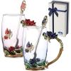 imageBTaT Floral Glass Tea Cups with Spoon Set Pack of 2 11 oz Blue ampamp Red Butterfly ampamp Flower Design with Gift Box Fancy Tea Cups Dishwasher Safe