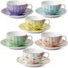 imageBTaT Floral Tea Cups and Saucers Set of 6 7 oz Porcelain Tea Cups Set of 6 Pastel Bloom Design with Gold Trim Dishwasher ampamp Freezer SafePastel Blooms