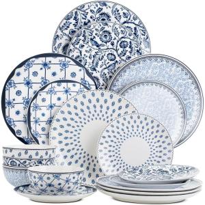 imageBTaT Bone China Dinnerware Sets for 4 12 pcs Blue Garden Elegance 4 Different Design Ceramic Plates and Bowls Sets for 4 Microwave Oven Dishwasher ampamp Freezer Safe
