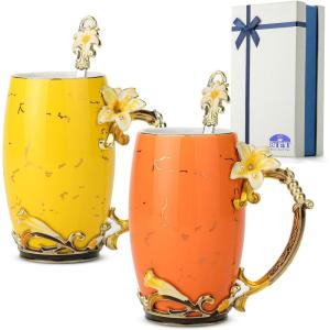 imageBTaT Fancy Coffee Mugs with Spoon 12 oz Set of 2 Floral Pink and Blue Ceramic Fancy Gifts for Women Tea Mugs for Women Flower Tea CupYellow and Orange