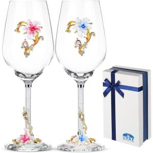 imageBTaT Fancy Wine Glasses Set of 2 17 oz Blue ampamp Red Flower Design with Gift Box Floral Wine Glasses Fancy Dishwasher Safe