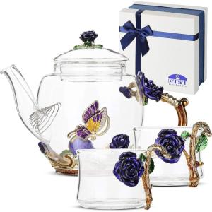 imageBTaT Floral Glass Tea Set for Adults Service for 2 Fancy Glass Pot8 oz ampamp Cups2 oz Blue Butterfly ampamp Flower Design with Gift Box Tea Pot Sets for Women Gift