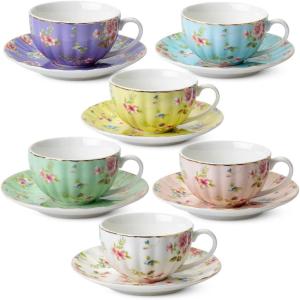 imageBTaT Floral Tea Cups and Saucers Set of 6 7 oz Porcelain Tea Cups Set of 6 Pastel Bloom Design with Gold Trim Dishwasher ampamp Freezer SafePastel Blooms