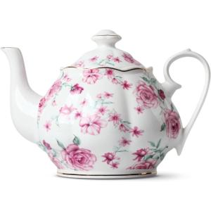 imageBTaT Floral Tea Pot with Gift Box 38 oz White with Pink Roses ampamp Gold Trim Porcelain Teapot Ceramic Dishwasher SafeWhite with Pink Roses