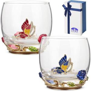 imageBTaT Stemless Wine Glasses Set of 2 10 oz RedBlue Butterfly ampamp Flower Design with Gift Box Floral Wine Glasses Dishwasher Safe