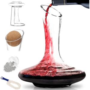 imageBTaT XL Decanter with Drying Stand Stopper Brush and Beads Hand Blown Crystal Glass Wine Decanter Wine Carafe Wine Accessories Red Wine Decanter