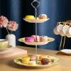 imageBTaT Floral 3 Tier Cake Stand Porcelain Pastel Pink with Pink Roses ampamp Gold Trim 3 Tiered Dessert Stand for Cookies Cupcakes ampamp FruitsYellow