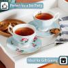 imageBTaT Floral Tea Cups and Saucers Set of 2 8oz with Gold Trim Coffee Cups Floral Tea Cup Set British Tea Cups Porcelain Tea SetBlue