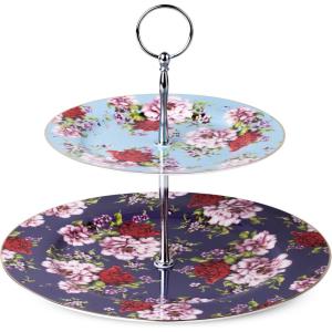 imageBTaT  Floral 2 Tier Round Porcelain Cupcake Stand 2Tier Serving Tray Dessert Stands Tea Party Supplies Party Table Decoration Dessert Display Stands Cookie Trays for Parties